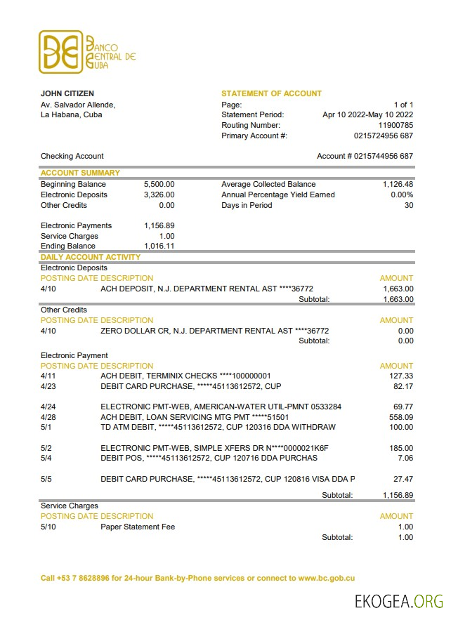 Cuba Banco Central de Cuba relevé bancaire xls